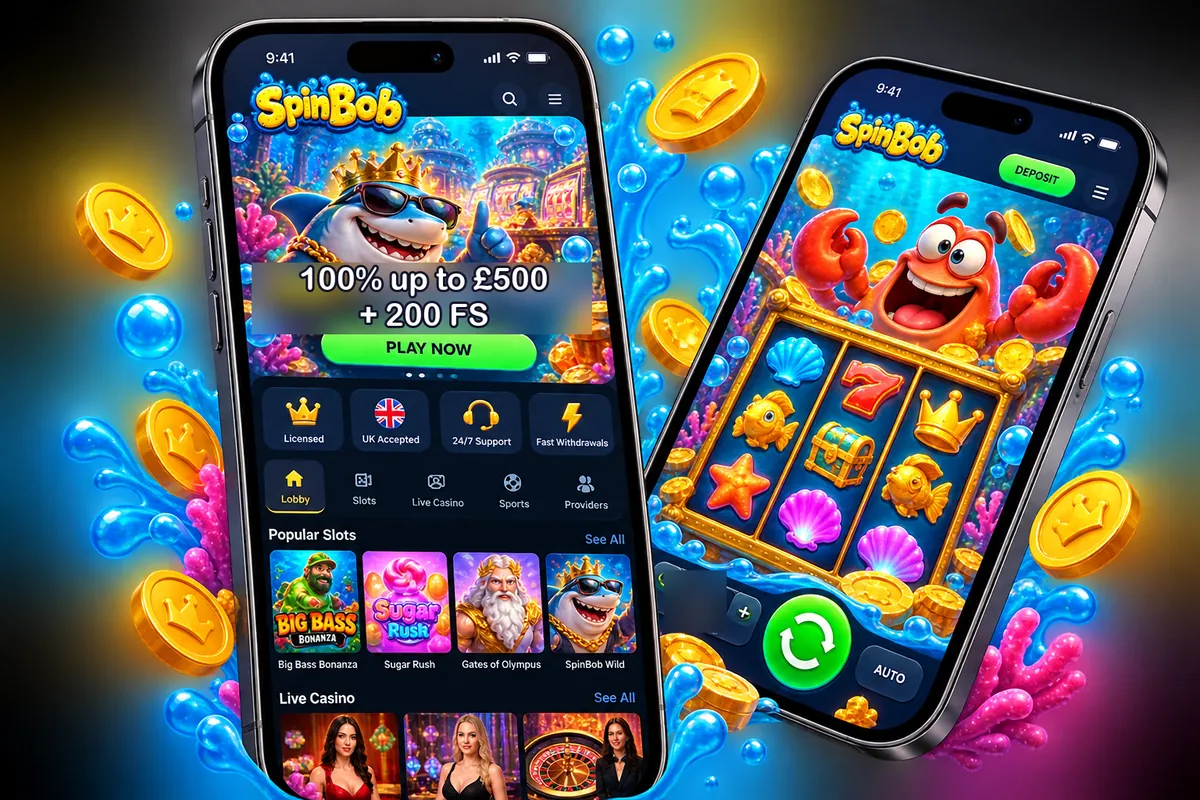 Casino lobby and a slot game open on two smartphones