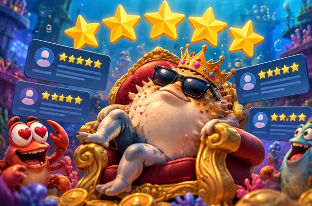 Five golden stars above an undersea throne