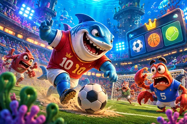 Shark footballer striking a ball under the sea