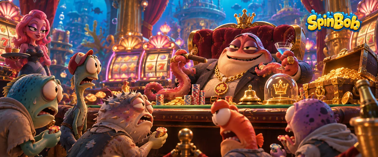 Crowd gathering around a high-roller table on the seabed