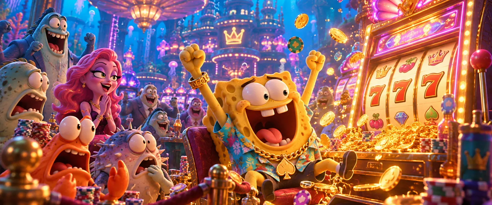 Sea creatures celebrating a jackpot win at a slot machine